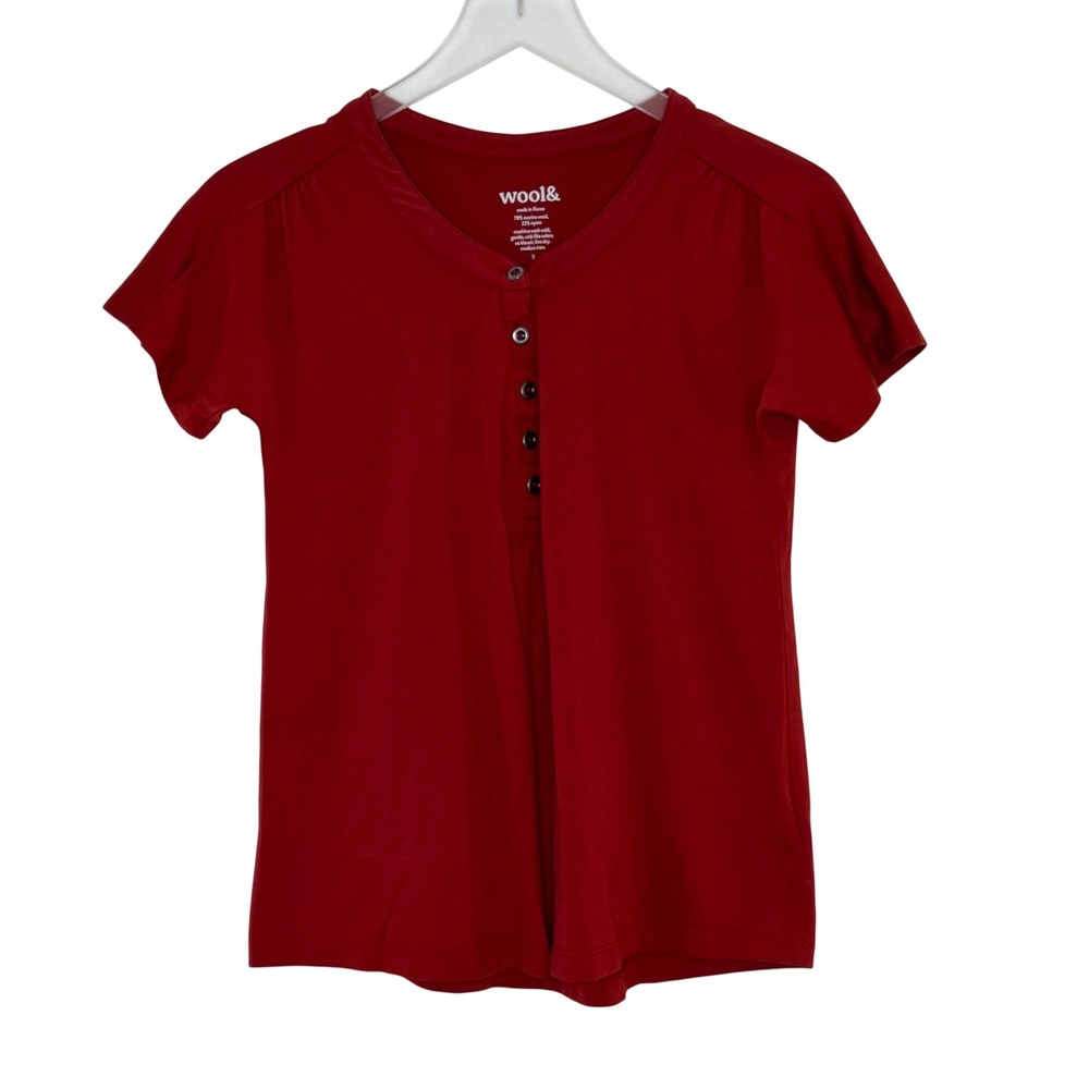Wool& Red Merino Wool Blend Short Sleeve Henley Tee Small Rust Red Minimalist